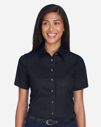  Custom Logo Harriton Women's Easy Blend Short Sleeve Twill Dress Shirt with Stain-Release M500SW Emb 