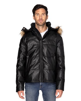 Unisex Vegan Leather Puffer Jacket - BLACK VEGAN LTHR - XS