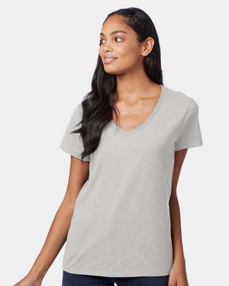  Custom Embroidered Hanes Perfect-T Women’s V-Neck T-Shirt S04V With Logo 