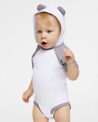  Custom Embroidered Rabbit Skins Fine Jersey Infant Short Sleeve Raglan Bodysuit with Hood & Ears 441 