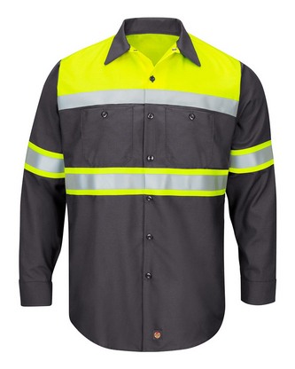Custom Embroidered Red Kap Hi-Visibility Colorblock Ripstop Long Sleeve Work Shirt SY70 With Logo