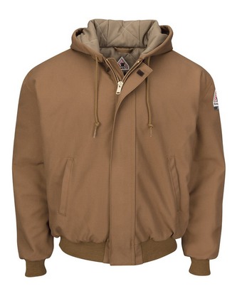 Custom Embroidered Bulwark Insulated Brown Duck Hooded Jacket with Knit Trim JLH6 With Logo