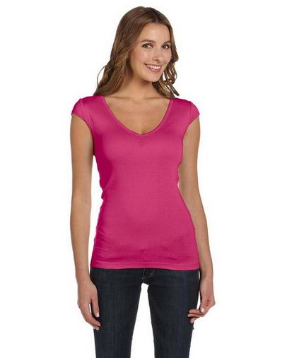  Ladies' Sheer Mini Rib Cap-Sleeve Deep V-Neck T-Shirt 