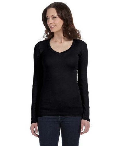 Ladies' Sheer Mini Rib Long-Sleeve V-Neck T-Shirt
