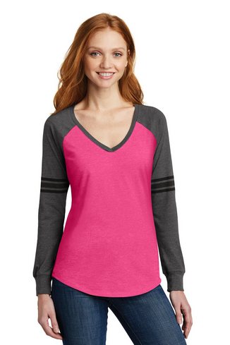 Custom Printed District Women's Game Long Sleeve V-Neck Tee. DM477 With Logo