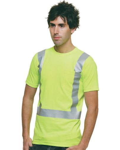 6.1 oz., 100% Cotton Hi-Visibility Solid Striping Pocket T-Shirt
